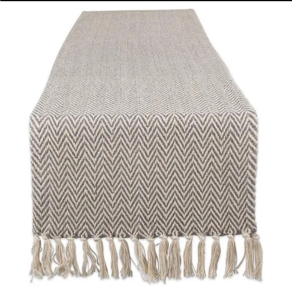 Cotton Table runner Gray White Chevron handloom 15x72 fringe tassles NWOT
